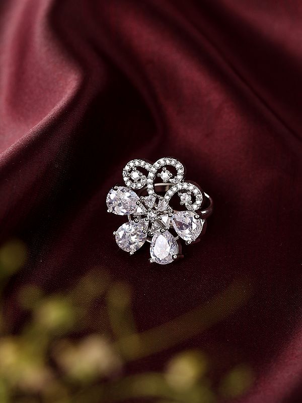Floral Swirl Design Adjustable American-Diamond Cocktail Ring