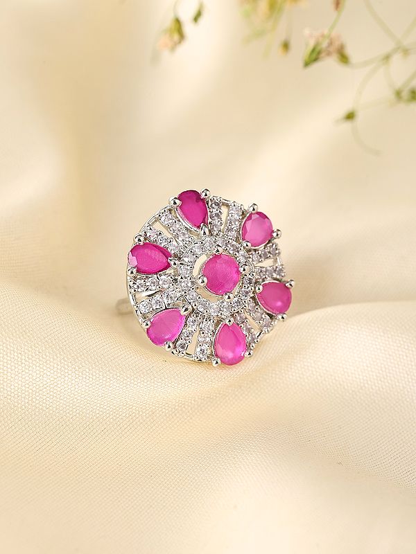 Pink Stone Studded Adjustable American-Diamond Ring