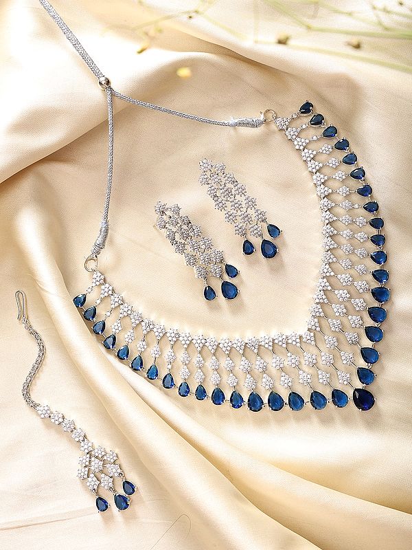 V Shape American-Diamond Bridal Necklace Set with Maang Tikka
