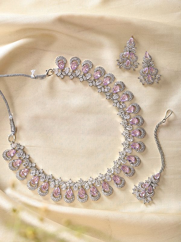 Teardrop Stone Studded American-Diamond Bridal Necklace Set with Maang Tikka
