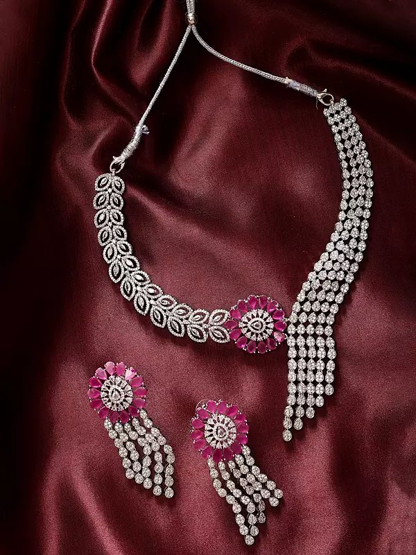 Designer Floral Drop American-Diamond Wedding Necklace Set with Maang Tikka