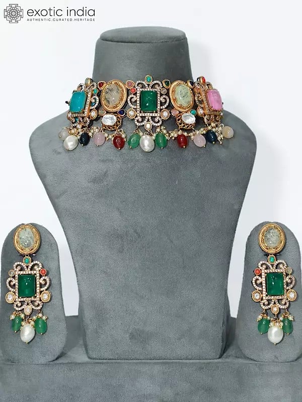 Multicolor Stone Studded Necklace Set With Designer Earrings