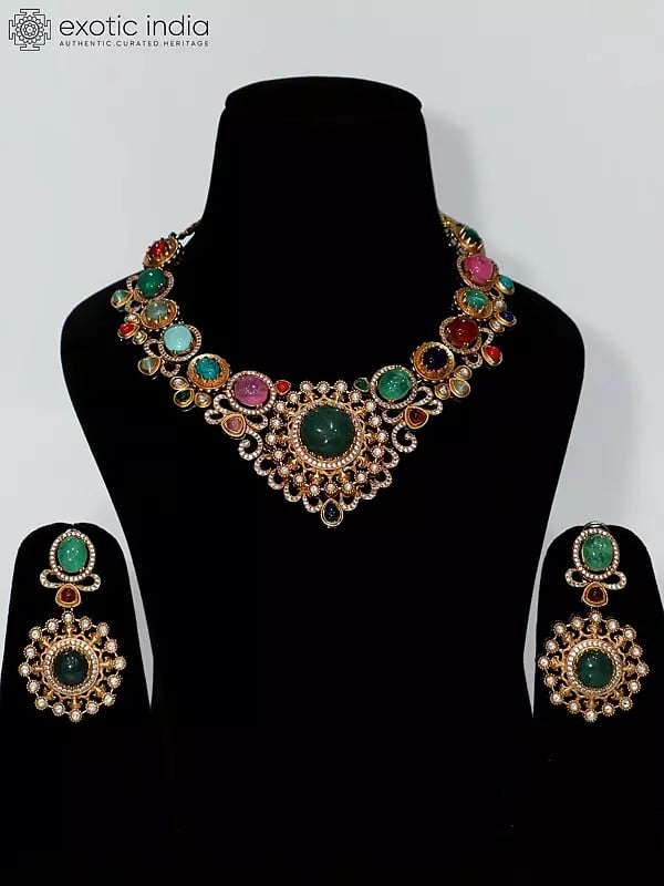 Multicolor Kundan Stone Studded Necklace Set With Earrings