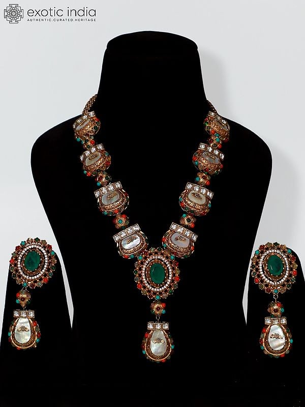 Multicolor Emerald Long Stone Studded Necklace Set With Earrings