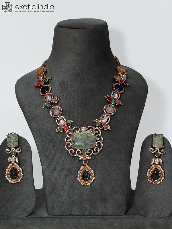 Multi And Lemon Floral Stone Studded Necklace Set With Earrings