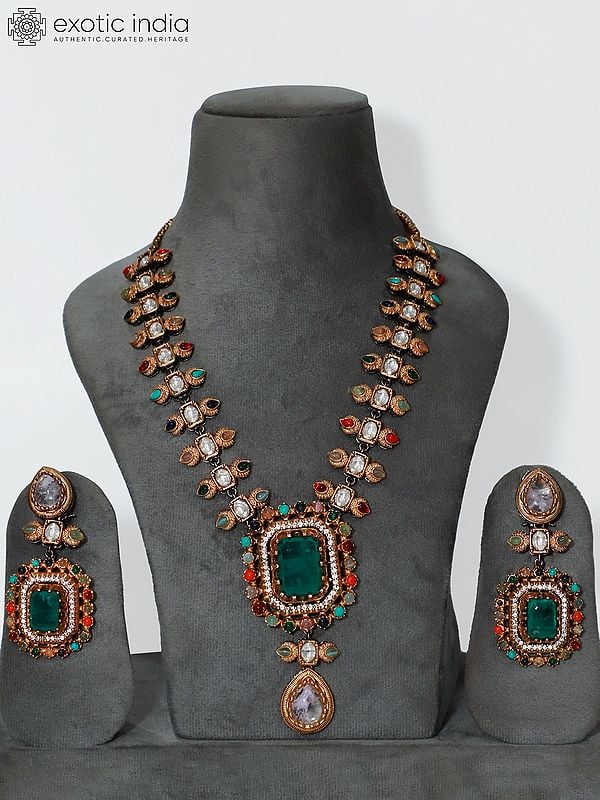 Long Multicolor Emerald Stone Studded Necklace Set With Earrings