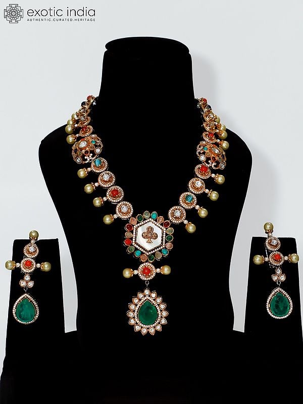 Mint And Multicolor Kundan Necklace Set With Earrings