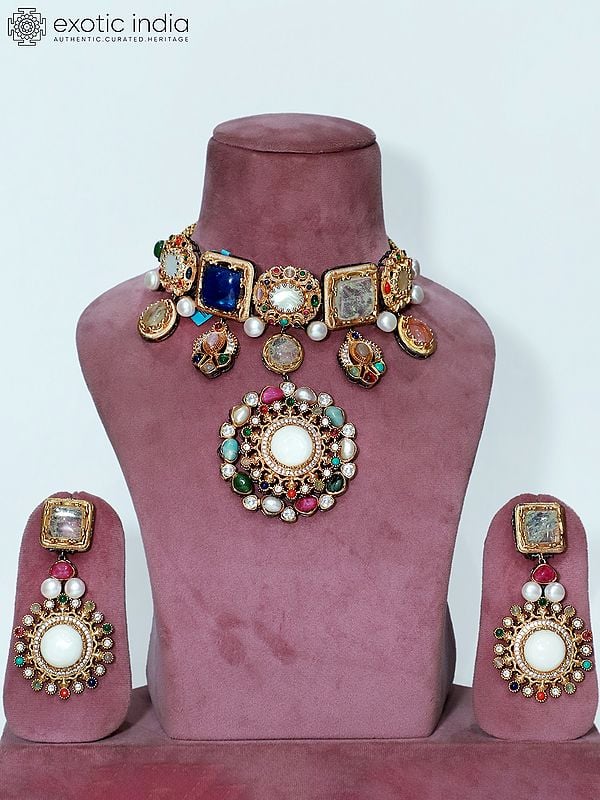 Multicolor Stone Studded Choker Necklace Set With Earrings | Indian Fashion Jewelry