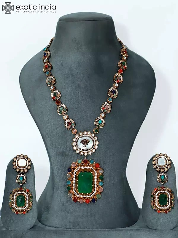 Embellished Long Studded Necklace Set With Earrings