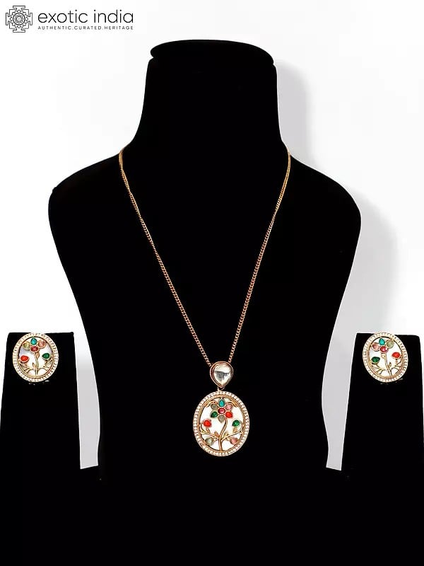 Stylish Multicolor Stone Studded Pendant Set With Earrings