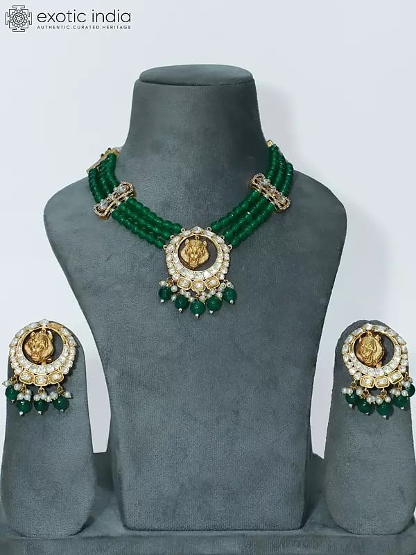 Kundan Work Three Strands Green Beaded Lion Jewelry Set With Earrings