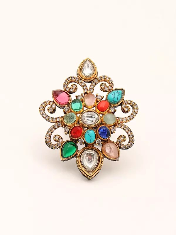 Floral Design Multicolor Stone Studded Adjustable Ring