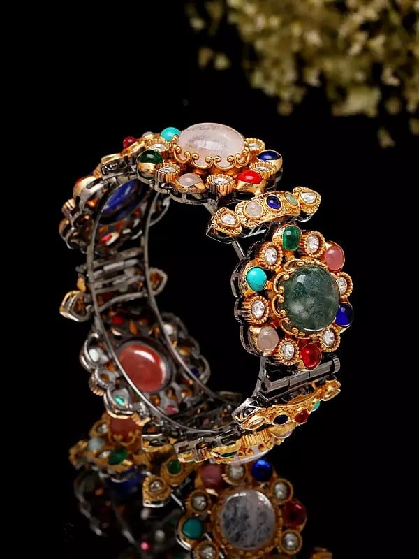 Floral Design Multicolor Stone Studded Openable Bangle