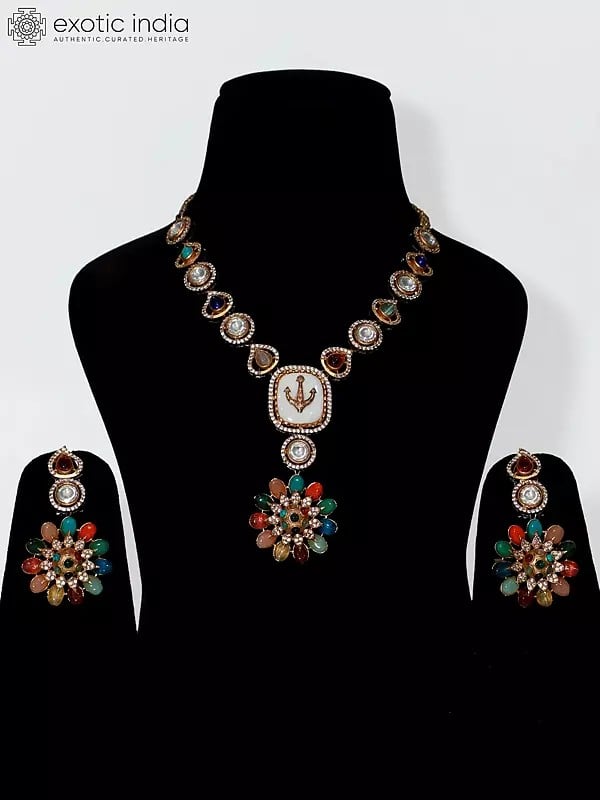 Stone Studded Elegant Designer Multicolor Necklace Set With Earrings