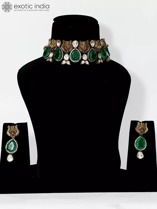 Green Stone Studded Embellished Choker Necklace Set With Earrings