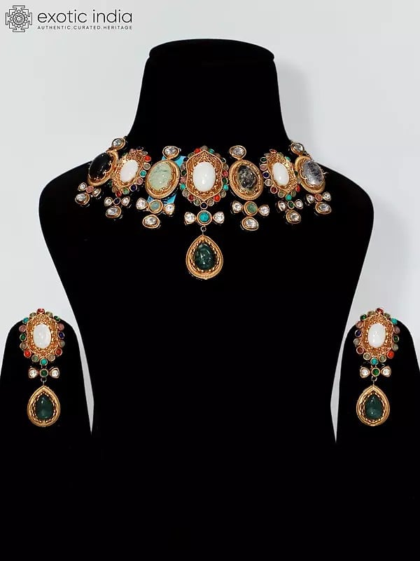 Choker Stone Studded Embellished Necklace Set With Earrings