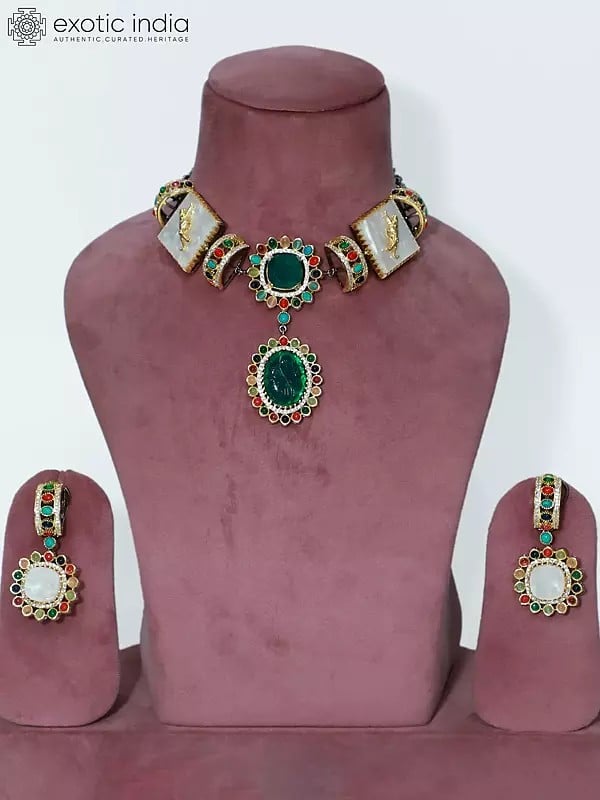 Stone Studded Choker Stylish Necklace Set With Earrings