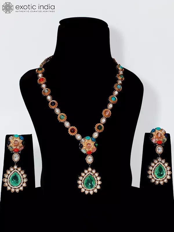 Victoria Polish Stone Studded Designer Necklace Set With Earrings