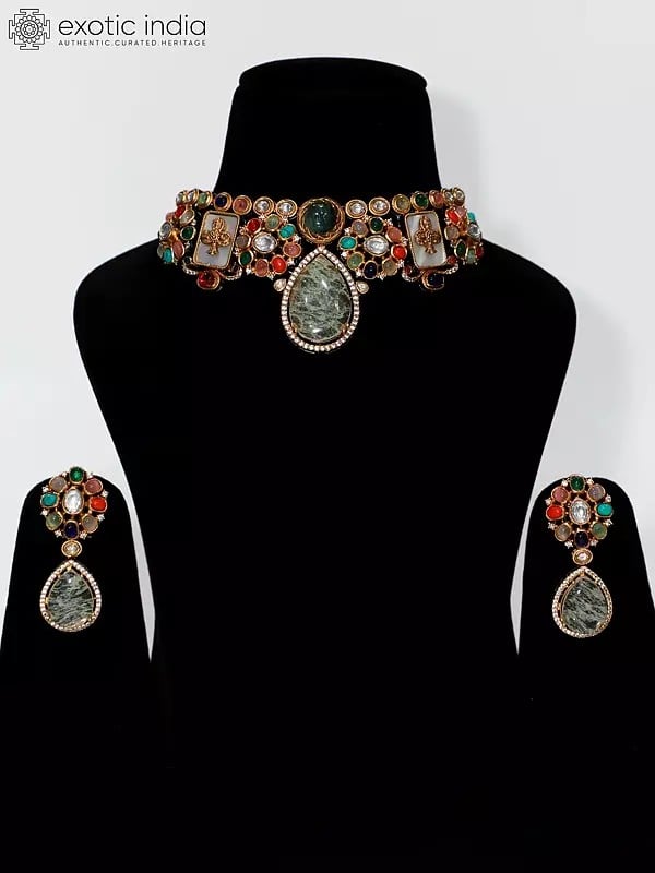 Multicolor Embellished Stone Studded Choker Necklace Set With Earrings