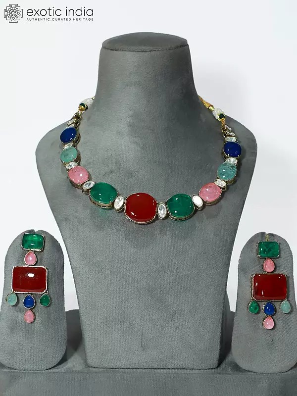 Copper And Kundan Embellished Stone Studded Necklace Set With Earrings