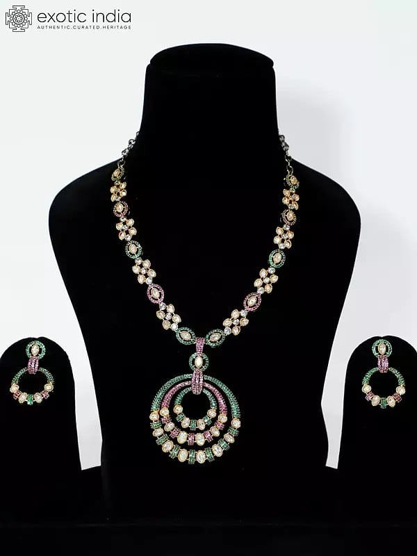 Multicolor Copper And Kundan Stone Studded Embellished Necklace Set With Earrings