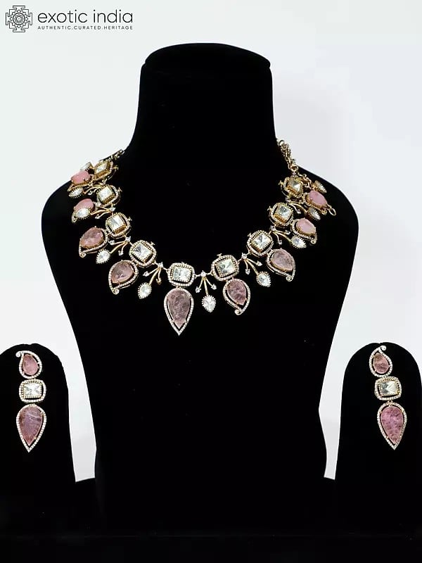 Floral Design Copper And Kundan Stone Studded Embellished Necklace Set With Earrings