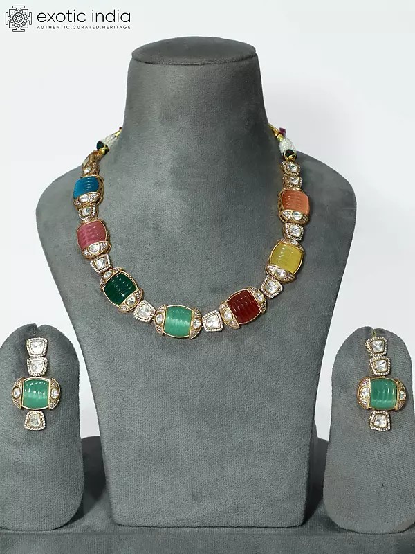 Elegant Stone Studded Copper And Kundan Necklace Set With Earrings