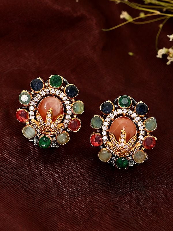 Multistone Studded Floral Design Earrings