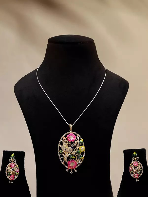 Oval Shaped Floral Design Pendant and Earrings Set