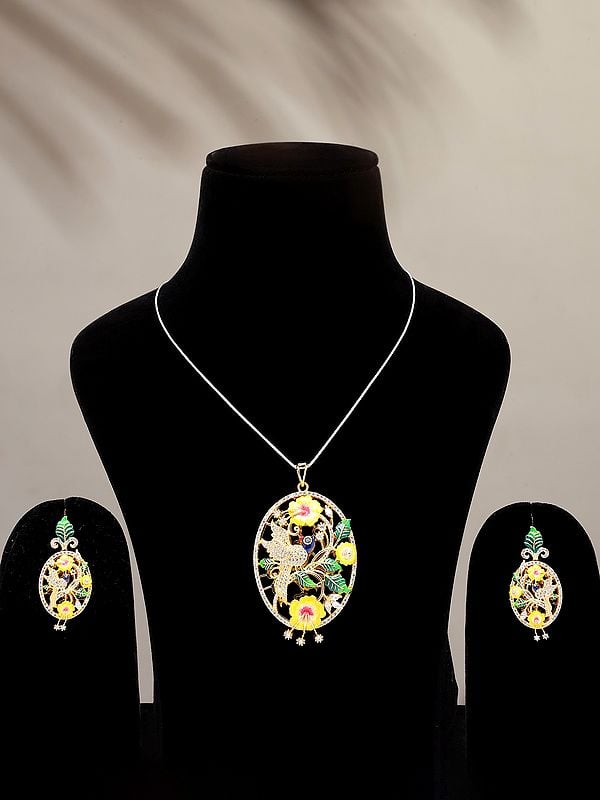 Oval Shaped Floral Design Pendant and Earrings Set