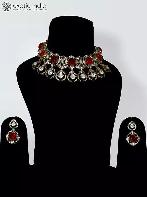 Embellished Stone Studded Copper And Kundan Choker Necklace Set With Earrings