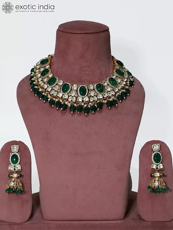 Elegant Beaded And Stone Studded Copper And Kundan Necklace Set With Earrings