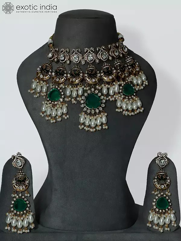 Designer Embellished And Beaded Copper And Kundan Necklace Set With Earrings