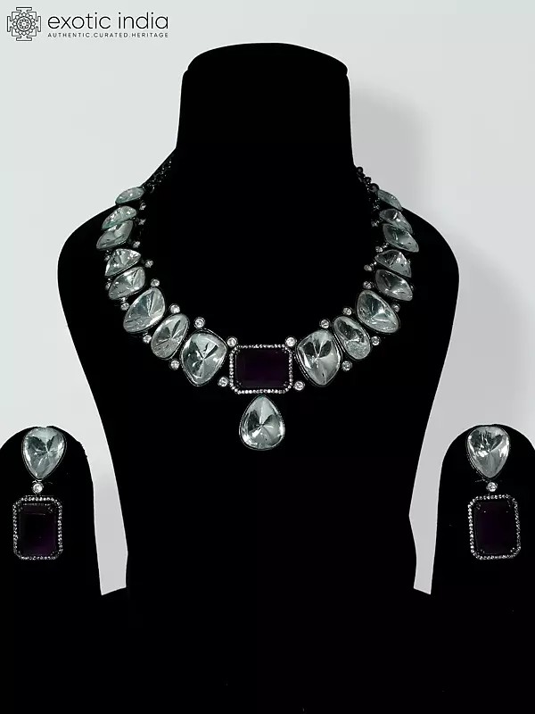 Stone Studded Polki Copper And Kundan Necklace Set With Earrings