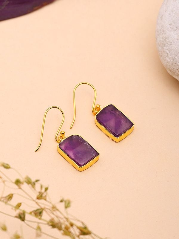 Rectangular Cut Star Amethyst Hook Earrings