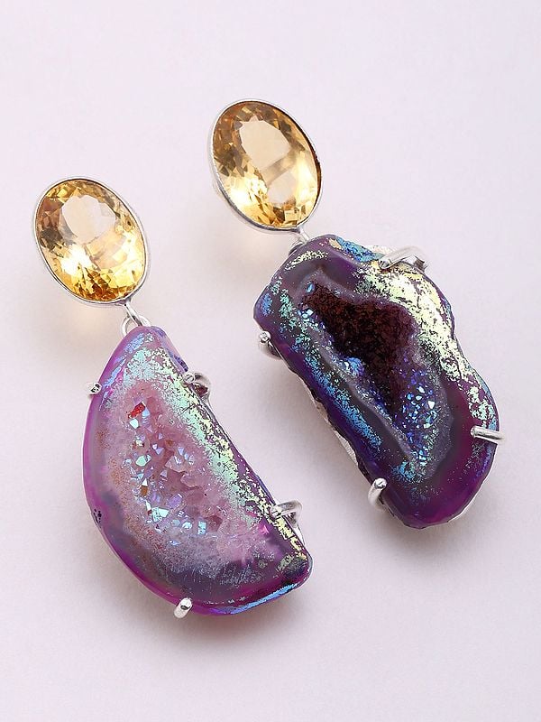 Natural Citrine and Purple Druzy Gemstone Dangle Earrings