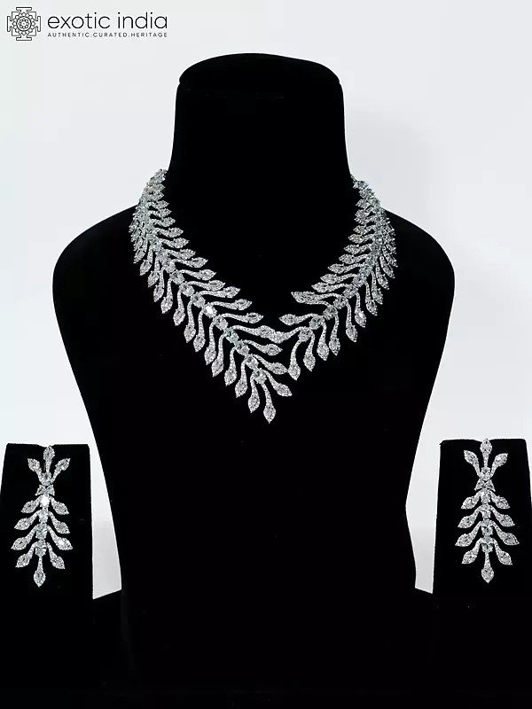 Leaf Design Stone Studded American Diamond Necklace Set With Earrings