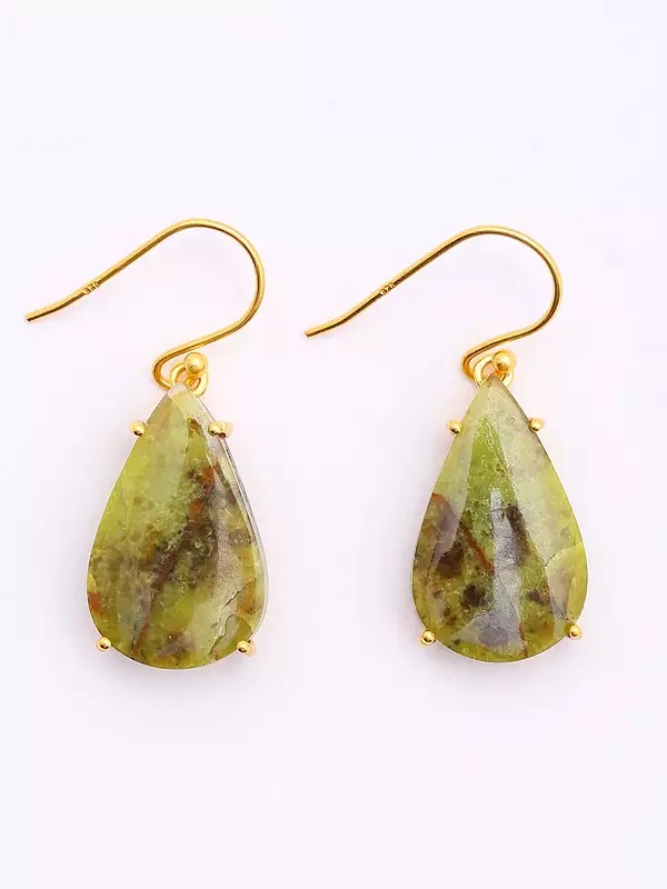 Teardrop Shape Green Opal Gemstone Hook Earrings