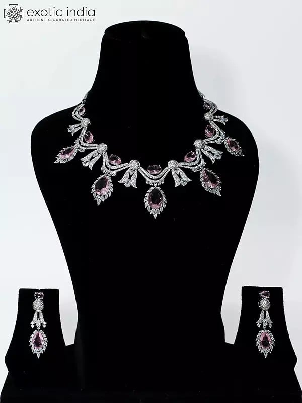 Floral Design Stone Studded American Diamond Necklace Set With Earrings