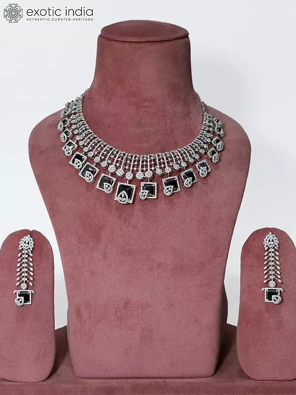 Stone Studded American Diamond Necklace Set With Leaf Design Earrings