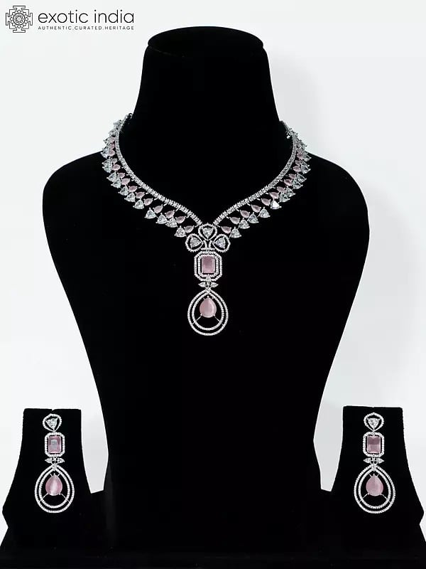 Embellished Stone Studded American Diamond Necklace Set With Earrings