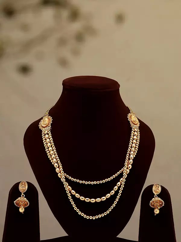 Three Layered Long Necklace and Earrings Set