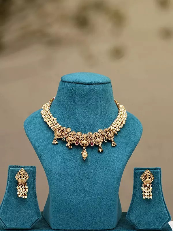 Traditional Goddess Lakshmi Necklace and Earrings Set