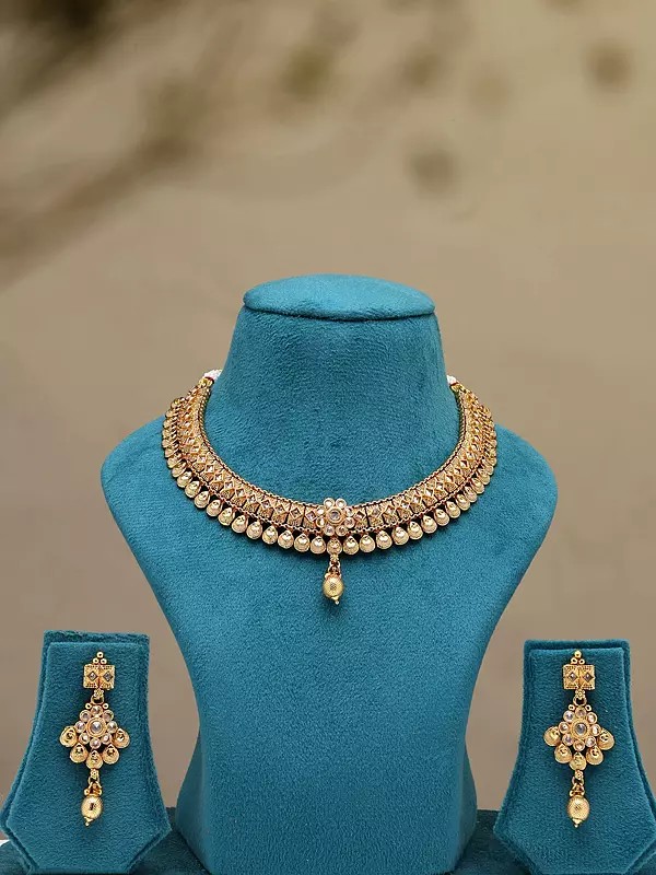 Stone Studded Brass Necklace with Earrigns