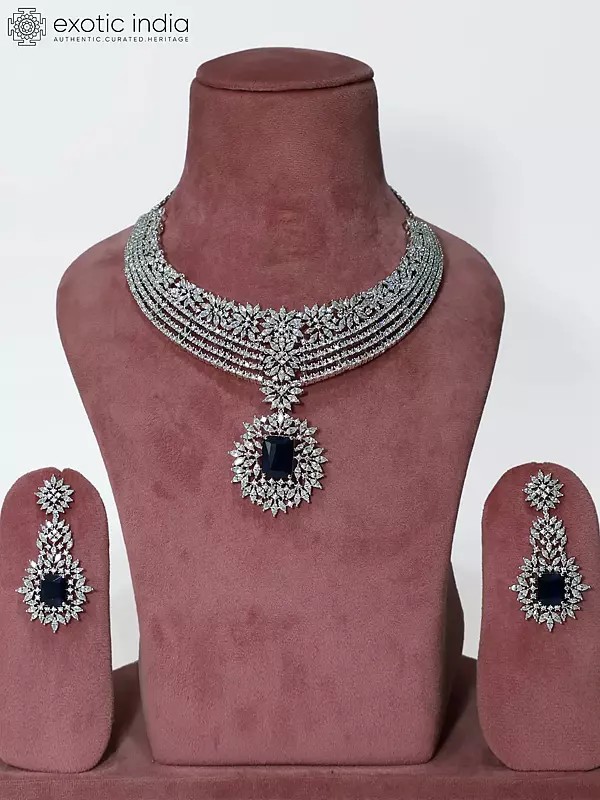 Multi Layered Floral Design Stone Studded American Diamond Necklace Set With Earrings