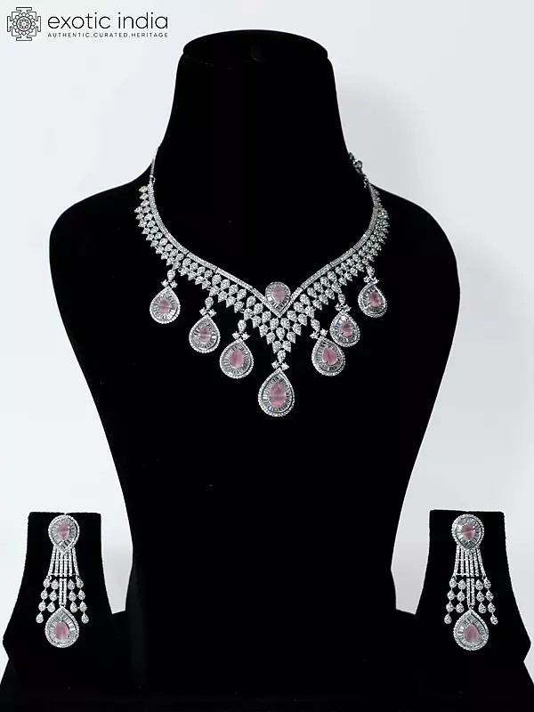 Beautiful Design Stone Studded American Diamond Necklace Set With Earrings