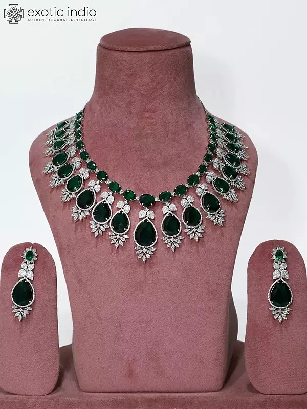 Floral Leaf Design Stone Studded American Diamond Necklace Set With Earrings