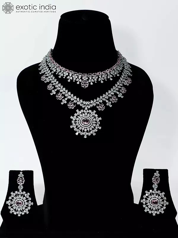 Stone Studded Designer American Diamond Necklace Set With Earrings