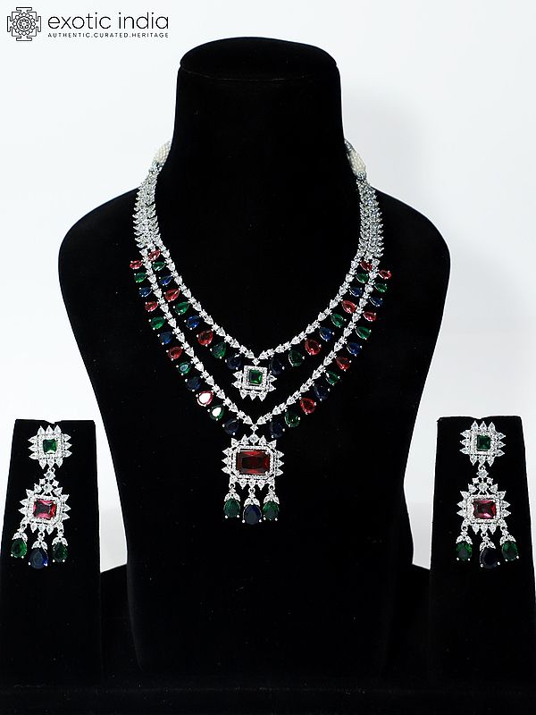 Multicolor Two Layered Stone Studded American Diamond Necklace Set With Earrings