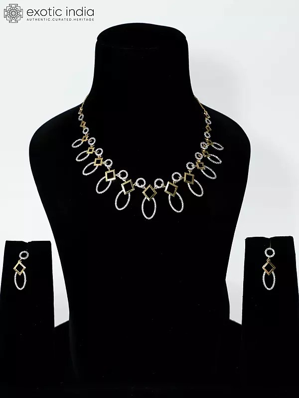 Leaf Design Elegant Stone Studded American Diamond Necklace Set With Earrings